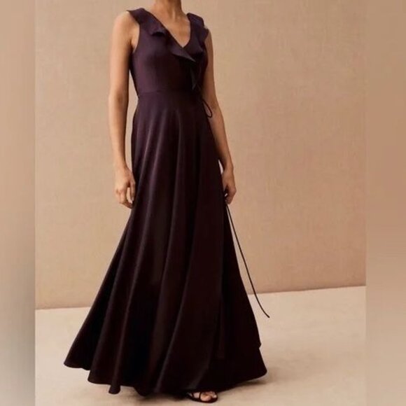 Anthropologie Dresses & Skirts - BHLDN Tansy Satin Charmeuse Deep Purple True Wrap Formal Maxi Dress Size 10